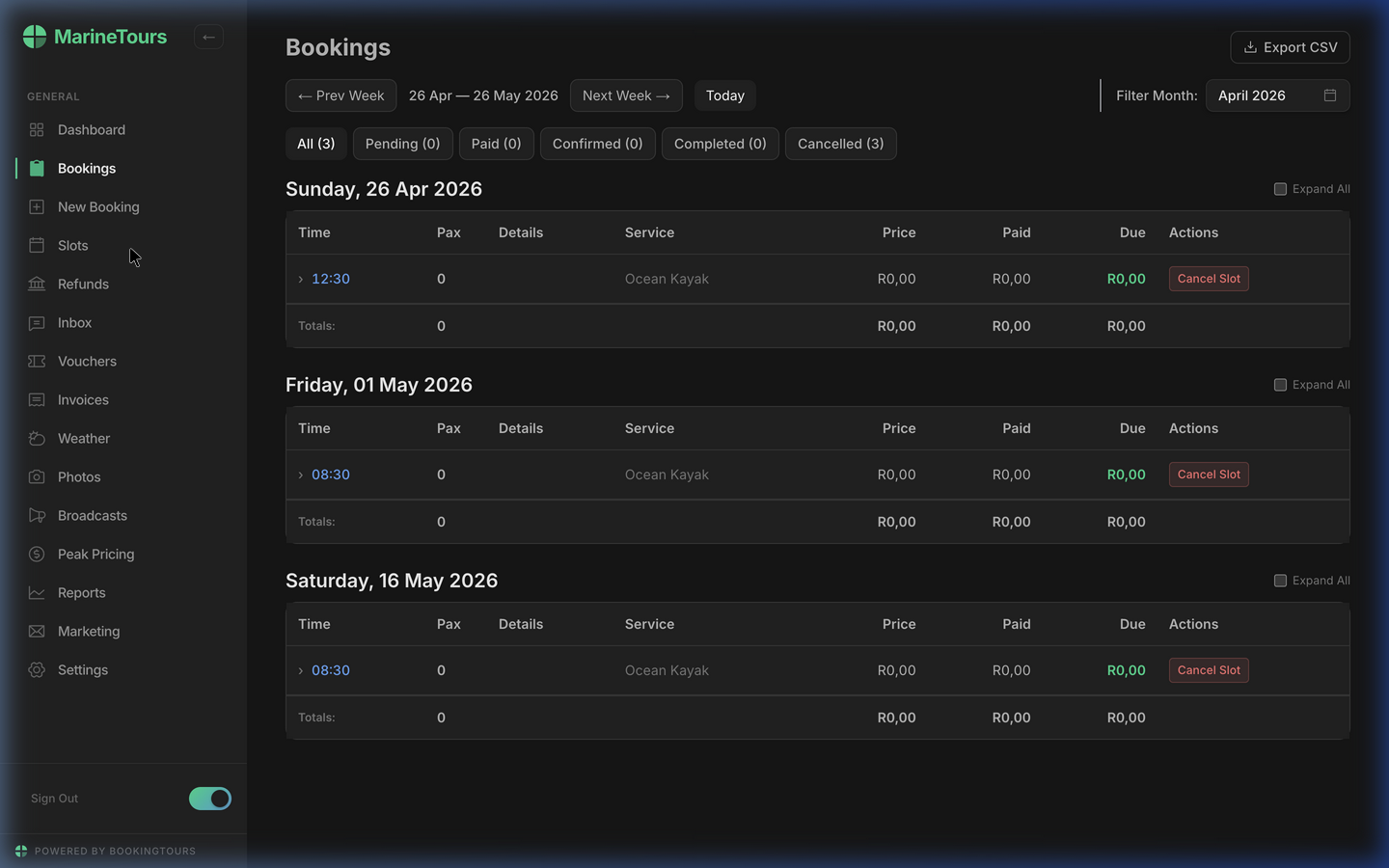 Booking·Tours admin bookings with invoices