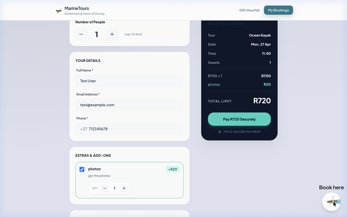 Booking·Tours Yoco checkout with add-ons